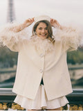 FOESCE Elegant Feather Collar Cape Coats For Women Casual Solid Single Breasted Jackets Lady Autumn Chic Loose High Street Outwear Tops