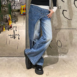 FOESCE street plus washed diagonal splicing staggered design jeans for women, loose straight leg, hanging floor length pants trendy