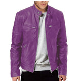 FOESCE Men's Faux Leather Jacket Autumn Fashion Solid Color Zipper Motorcycle Jacket Men's Casual Long Sleeve Zipper Button Jacket