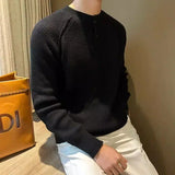 FOESCE Korean 2025 Autumn Winter Men's New Spliced Pullover O-Neck Button Screw Thread Fashion Solid Casual Knitted Long Sleeved Tops
