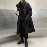FOESCE Winter Street Long Solid Color Cotton Jacket Mens Design Warm Stand Collar Cotton Jacket Loose All-Match Knee-Length Y2k Jacket