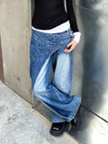 FOESCE street plus washed diagonal splicing staggered design jeans for women, loose straight leg, hanging floor length pants trendy