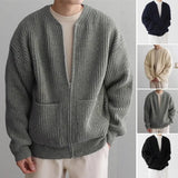 FOESCE Spring Autumn Men's Loose Sweater Knitted Zipper Medium Length Lazy Cardigan Solid High Street Casual O-neck Sweater Clothes