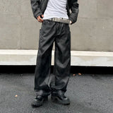 FOESCE New trendy loose straight tube nostalgic black chalcedony leather pants