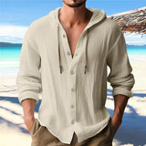 FOESCE Summer Men's Linen Shirt Solid Streetwear Long Sleeve Hoodie Cardigan Clothing For Men Button Tops Casual Loose Men Hooded Shirt