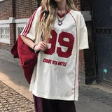 FOESCE Y2K American Retro Splicing Hip Hop Summer Goth Trend Design Couple Contrasting Color Loose Sports Top Street V Neck T Shirt