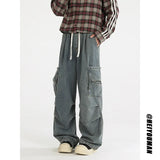 FOESCE Loose straight Jeans Men Denim Cargo Pants Wash Solid Color Multi Pockets Casual Mid Waist Trousers Unisex Daily Wear Joggers