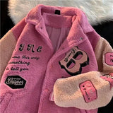 FOESCE 2025 Women Clothing Jackets Loose Letter Embroidery Winter Clothes Women Jacket High Street Vintage Sherpa Coat Women Tops