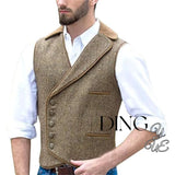 FOESCE Men's 5 Button Herringbone Tweed Waistcoat Tailored Collar Suit Vest