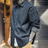 FOESCE Maden Retro Loose Long-sleeved Denim Shirt Checkered Lapel Single-breasted Jacket for Men Spring and Fall Versatile Outerwear
