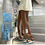 FOESCE Spring Autumn Contrast Color Bloomers Trousers Pockets Elastic High Waisted Striped Men's Clothing England Style Casual Pants