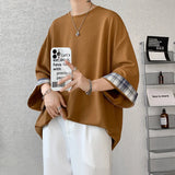 FOESCE  men t shirts Summer Men's T-shirts Women Oversized 2XL Korean Style Loose Plaid T-shirt Casual Seven sleeves T-Shirt Male White