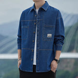FOESCE Autumn Thin Denim Shirt Men's Long Sleeve Casual Fashion Versatile Light Blue Loose Solid Color Shirt