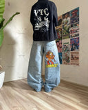FOESCE American Baggy Washed Jeans Retro Harajuku Cartoon Print Straight-Shirt-Legging Pants Men Casual Loose Hip Hop Streetwear Women
