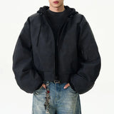 FOESCE American Retro Street Fake Two-Piece Solid Color Pu Leather Jacket Men 2025 Spring Autumn Fashion Y2k Hooded Baseball Jacket Men