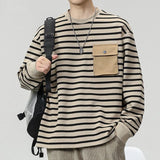 FOESCE Spring Autumn New Round Neck Long Sleeve Fashion Sweatshirts Man High Street Striped Pockets Patchwork Pullovers Elegant Tops