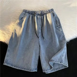 FOESCE Japanese Vintage Washing Denim Shorts Men's Summer Loose-Fit Wide-Leg Beach Pants Sports Casual Mid-Length Shorts