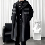 FOESCE New Trench coat Men's Windbreaker Patchwork Color Medium Long Trenchcoat Korean Fashion Covered Button Male Hooded Trench Jacket