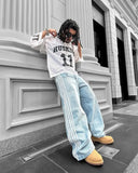 Foesce Y2K Casual Jeans Harajuku Classic Striped Light Blue Jeans Graphic Embroidery High Waist Straight Pants Baggy Trousers Men Women