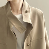 FOESCE FSMG Women's Casual Jacket,Autumn Korean Style Stand Collar, Comfortable Loose Fit Solid Color, Short Jacket with Drawstring Hem