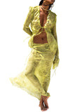 FOESCE Y2k Women Sheer Mesh  Fairy Grunge Tie Up Ruffle V Neck Beach Dresses Aesthetic Tassel 2 Piece Skirt Set Summer (Long