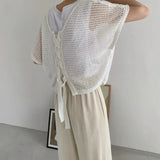 FOESCE 2025 Korean Version Strappy Hollow Casual All-match Blouse Top Mens Sexy Mesh Sweater Front and Back Two-wear Bat Sleeve T-shirt
