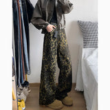FOESCE Trendy Leopard Print Jeans Man pants fasnion unisex American High Street Trousers Harajuku Style Baggy High Waist Casual Pants