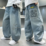 FOESCE personalized workwear jeans Spring and Autumn 2025 Spring and Autumn New Straight Pants Boys  Wide Legs Handsome Trendy 5-15 yea