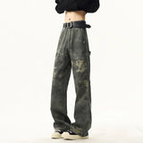 FOESCE NEW Jeans Leopard Personality design Pockets Wide Leg Jeans Male American Style High Street Denim Pants Classic Denim Trousers