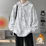 FOESCE Retro Tie-dye Printed Hoodie Men Fleece Warm Pullover Sweatshirts High Street Hip Hop Streetwear Oversized Unisex Hoodie