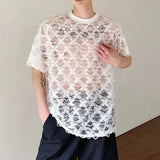 FOESCE Summer Men's O Neck T-shirt Loose Short Sleeve Sexy Sheer Lace Tee Shirts New Fashion 2025 New Trendy Menwear Unisex Pullover