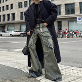 FOESCE Mens Streetwear Y2k Heavy Craft Washed Flared Jeans Hip Hop Distressed Denim Pants Women Slim Straight Tassel Jeans Raw Edge
