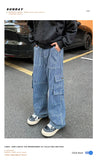 FOESCE Spring New Men Cargo Jeans Baggy  American High Street Multi-pocket Youth Overalls Fashion Streetwear Vintage Wide Leg Pants