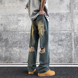 FOESCE 2025 Washed old torn jeans, men's summer American style street ruffians, handsome pants, trendy high street straight pants