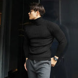 FOESCE New Men's Turtleneck Sweaters Autumn Knitted Striped Streetwear Warm Long Sleeved Pullover Solid Color Basic Style Casual Tops