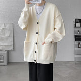 FOESCE Plus Size 8XL-M Korean Style V-neck Cardigans Men Pocket Design Simple Sweater Autumn New Popular Male Casual Daily Knitted Coat
