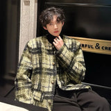 FOESCE Men's Tweed Plaid Blazers Cardigan Autumn Winter Trend Collarless Short Jacket Fashion Green Korean Style Chic Elgance Coat