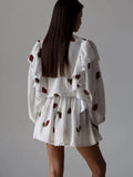 FOESCE Home Suit Women Pajamas Cotton Linen Top Skirt Set Summer Strawberry Pattern Ruffle Long Sleeve Button Blouse Mini Skirt Outfits