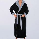 FOESCE Men Nightgown Hooded Long Sleeve Color-Blocked Thickened Plush Robe Lace-up Belt Long Style Thermal Insulation Loungewear