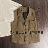FOESCE Men's Retro Herringbone Pattern Vest Men's Suit Collar Vest Slim-fit Tweed Vest Wedding Vest Men