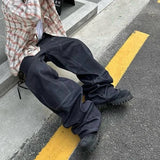 FOESCE High Street Cleanfit Multipockets Drak Blue Baggy Jeans for Men and Women Straight Vintage Casual Loose Denim Trousers Oversize