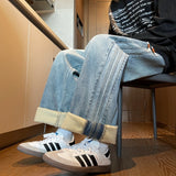 FOESCE Winter Velvet Wide Leg Jeans Side Striped Straight Casual Fashion Denim Trousers Hip Hop Streetwear Warm Pants Plus Size 8XL-M