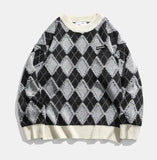 FOESCE Autumn and Winter New Checkered Sweater Men's Trendy Brand Japanese Hong Kong Style Loose Retro Casual Trendy Knitted Sweater