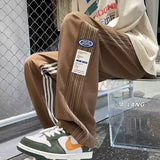 FOESCE Spring Autumn Contrast Color Bloomers Trousers Pockets Elastic High Waisted Striped Men's Clothing England Style Casual Pants