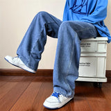 FOESCE New Korean Fashion Men's Baggy Jeans High Street Man Straight Denim Wide-leg Pants Hip Hop Bagy Light Blue Grey Black