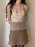 FOESCE Korean Ins Same Lace Wave Point Camisole Dress Womens Mesh Sleeveless Mid Length Cover Up Dress Summer New Y2K Girl Spicy Girls