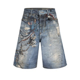 FOESCE 3D Print Patchwork Baggy Jeans Shorts for Men Streetwear New Summer Wide Leg Patchwork Casual Loose Knee Length Pants Oversized