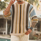 Men Sweater Loose Fit Sweater Striped Print Men's Knitted Sweater Colorful Loose-fit Pullover for Spring Summer Fall