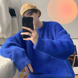 FOESCE Klein Blue Sweater men's design sense niche lazy wind couple Sweater autumn winter oversize STRIPE TOP men sweaters coat 2025