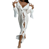 FOESCE Irregular Ruffles Dress Women's Chic V Neck Long Sleeve Lace Up Beach Dress Summer 2025 Fashion Lady Vacation Cover Up